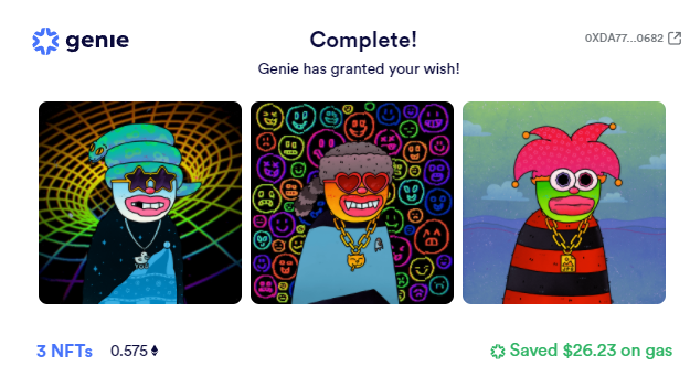 I just swept 3 <a href="/peacevoid_world/">eee</a> in a single transaction using <a href="/geniexyz/">Genie 🧞‍♂️🧹</a> 🧹 . 

$PEACE LP coming out soon.
The art is magical, bring peace in NFT space.
Thx <a href="/yonfrula/"></a> . Enjoy the ride 🚀

🔗etherscan.io/tx/0xda773184c…
