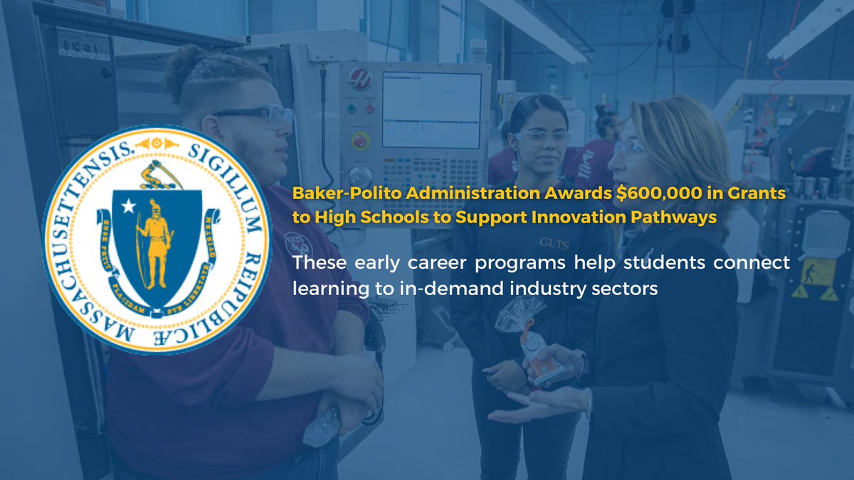 MassEducation's tweet photo. 📢Today @MassGovernor &amp; @MassLtGov awarded over $600k to 22 school districts to support Innovation Pathway programs, that provide high schoolers with opportunities to gain industry experience through career exploration, technical courses and internships.
➡️https://t.co/rW38hHGZWR https://t.co/0nug7C6Gnz