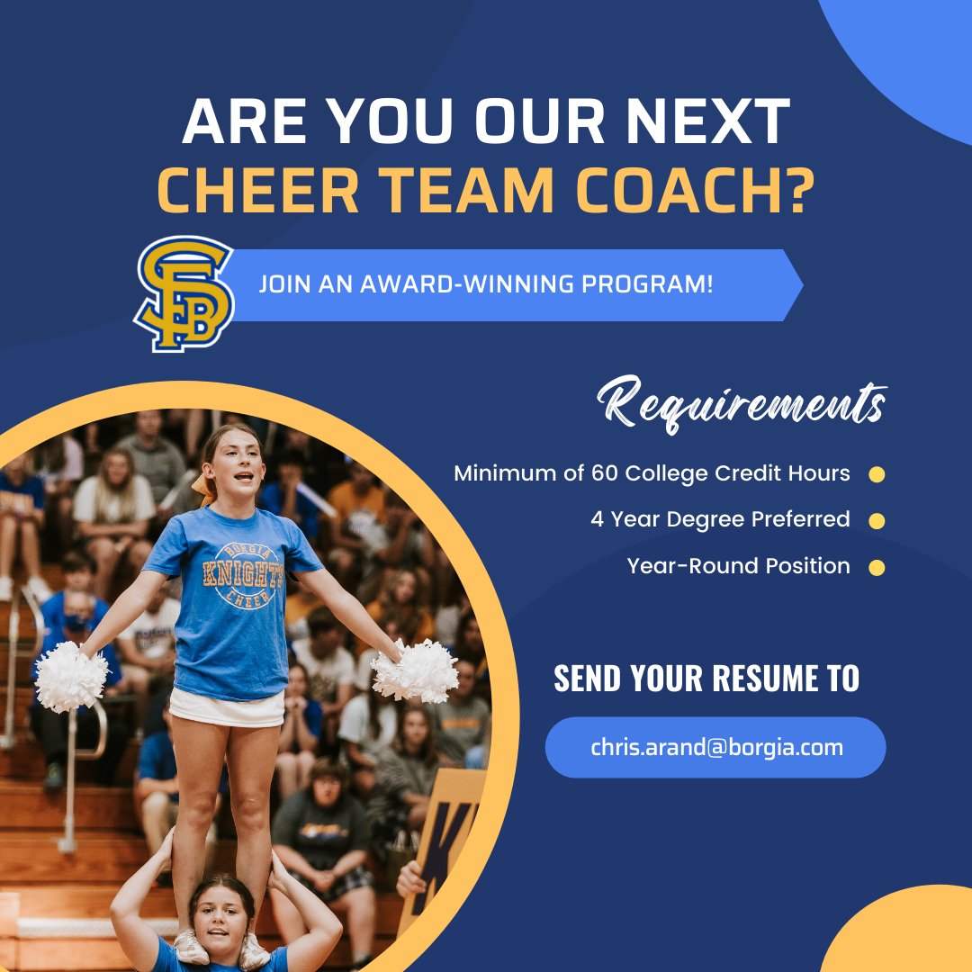 BorgiaHS's tweet photo. We are hiring a Cheer Team coach for the upcoming school year! Please share w/any qualified person you know who might be a good fit. @BorgiaAthletics 
#WeAreBorgia https://t.co/0cP9PzsePC