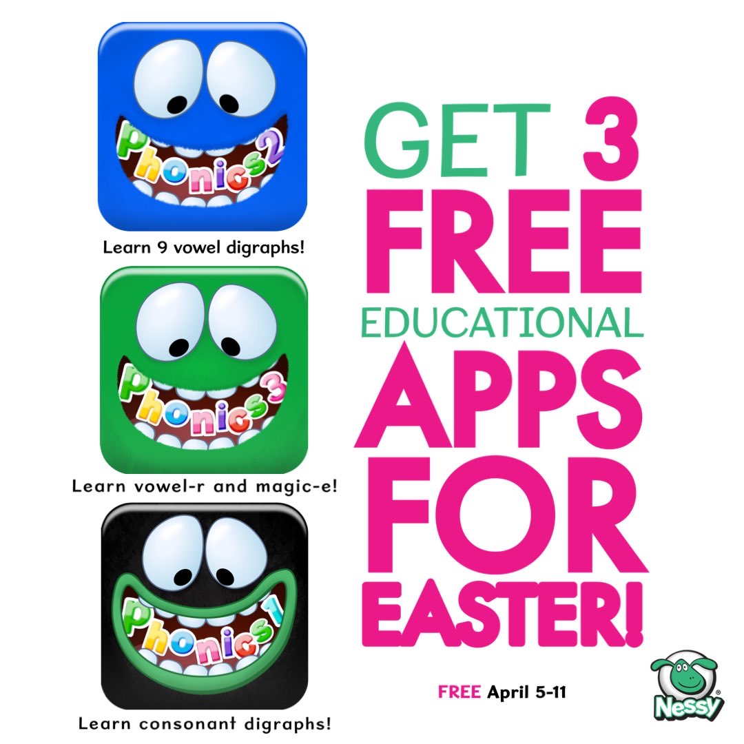 NessyLearning's tweet photo. Nessy is giving away three phonics apps free for Easter! This week only.  Go to https://t.co/I76zQ5mcCH to find them. https://t.co/RJMPLr4VHs