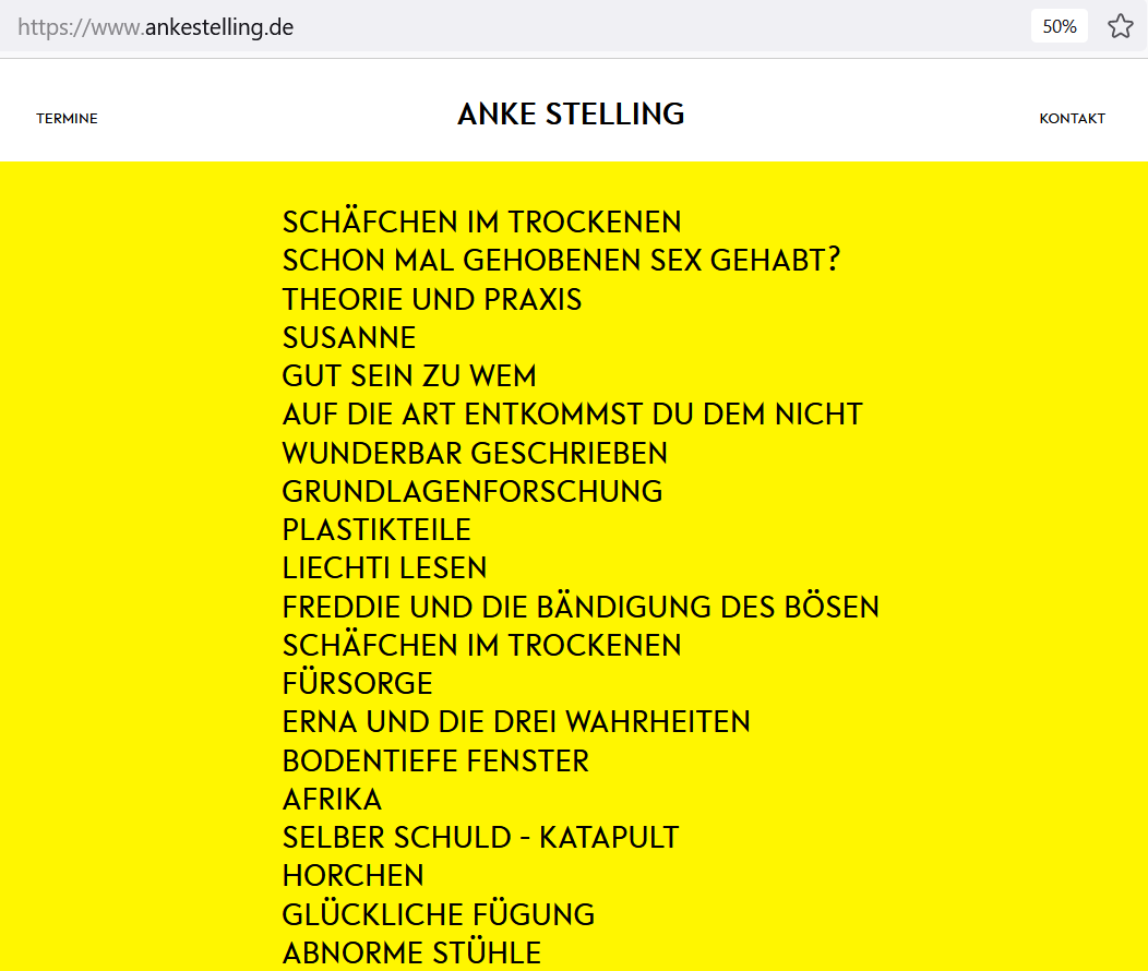 verbrecherei's tweet photo. Ha! 
Anke Stelling hat eine neue Website. 
Es gibt Textauszüge, Bilder, "Rücksichtsloses Getuschel" und "Abnorme Stühle": https://t.co/dt8KO1L9Xl
Klickense drauf!
#verbrecherei #verbrecherverlag #ankestelling https://t.co/Gq8hfOmnr2