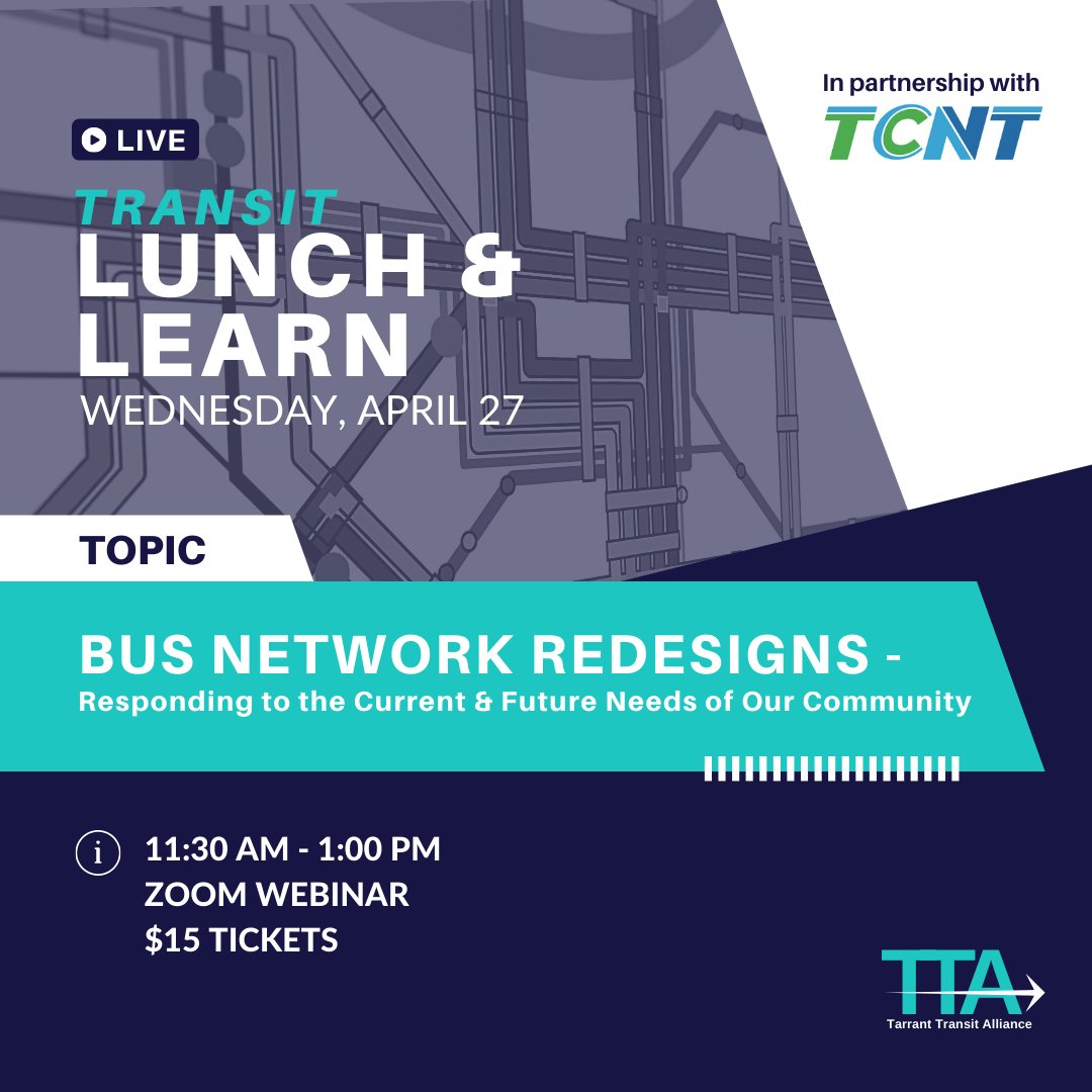 Save your spot for the Transit Lunch &amp; Learn with TCNT on Wednesday, April 27.  Transit agency specialists from across the state will explore the ins &amp; outs of navigating and implementing bus network redesigns. Register at bit.ly/ttalltcnt!