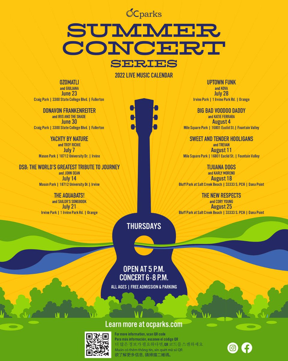 OCParks's tweet photo. JUST ANNOUNCED! 🎸 Our annual Summer Concert Series returns with 10 free outdoor concerts on Thursday evenings, June 23 - August 25! Check out 2022's stacked lineup of bands performing at beautiful Orange County parks. Which ones will we see you at? #OCSummerNights https://t.co/GzJOcfeaGy