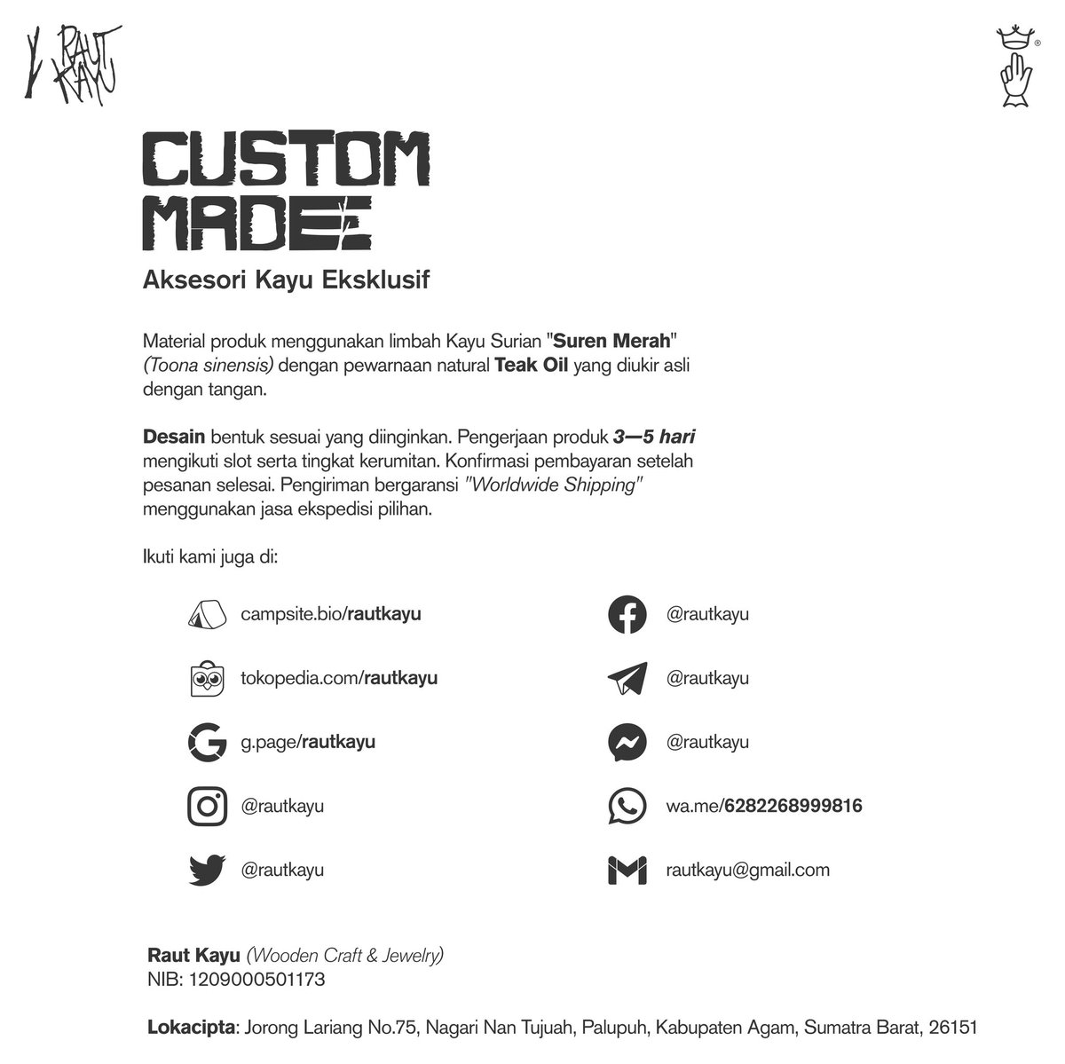 Custom-made!
Aksesori Kayu Eksklusif

150K IDR/pcs
*sudah termasuk ongkir se-Indonesia

Selengkapnya di: campsite.bio/rautkayu