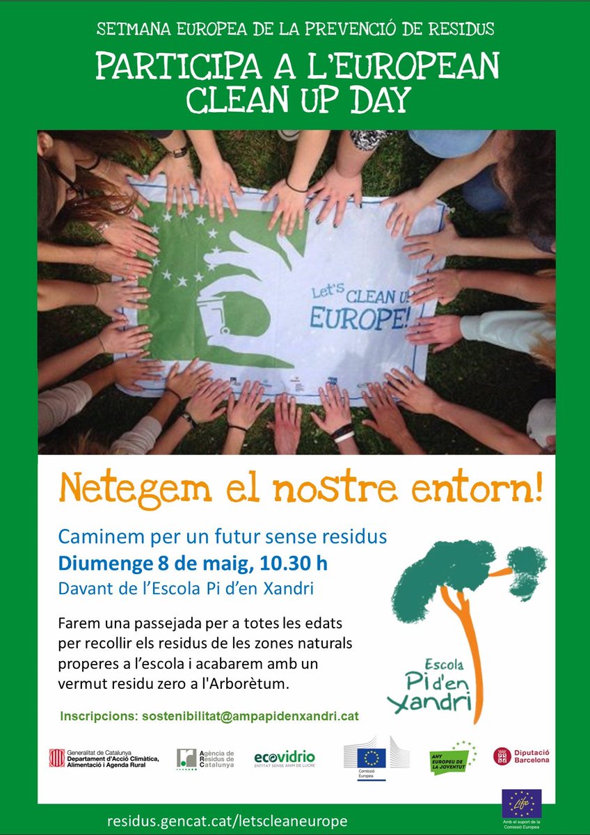 Aquest any ens sumem al repte ‘Let’s clean up Europe‘ i ens hem proposat netejar les zones verdes i naturals properes a l’escola. Serà el diumenge 8 de maig. Us hi esperem!
afapidenxandri.cat/archivos/1796
