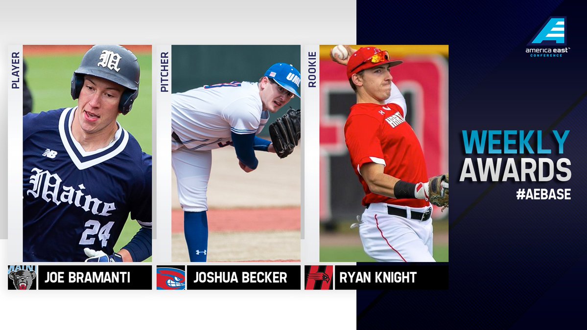 AmericaEast's tweet photo. #AEBASE awards

Player: Joe Bramanti, @MaineBaseball 
Pitcher: Joshua Becker, @RiverHawkBB 
Rookie: Ryan Knight, @HartfordBASE 

📰 https://t.co/zxF84rrvTZ https://t.co/I9cFn7j5B9