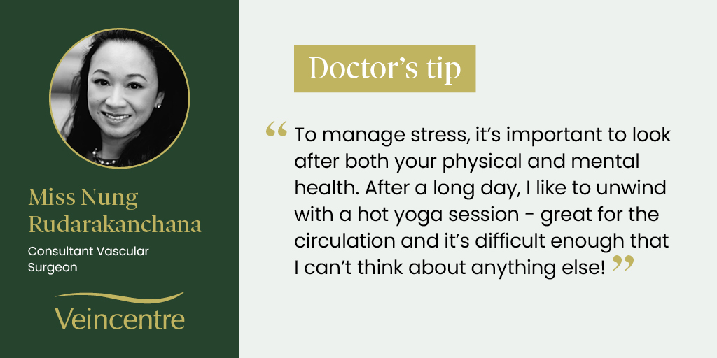 veincentreltd's tweet photo. April is a #StressAwarenessMonth so we asked Miss Nung Rudarakanchana, Consultant Vascular Surgeon at our London and Tunbridge Wells clinics, how she manages stress.

#veinhealth #exercise #doctorstip https://t.co/HWCUXc3oDA