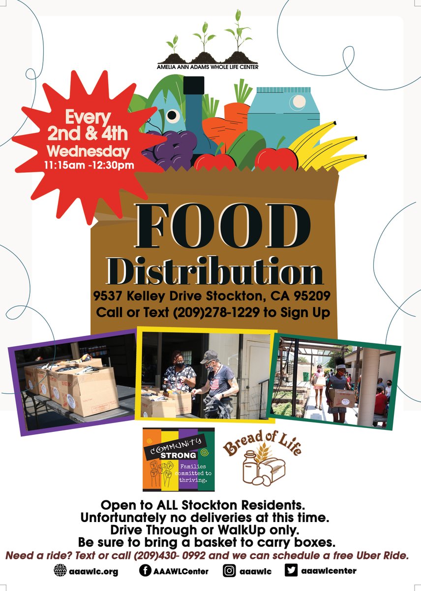 Food Distribution with #breadoflife every 2nd and 4th Wednesday of the month at 9537 Kelley Dr., 11:15a-12:30p. Open to ALL Stockton Residents. Call or text 209-278-1229 to sign up!

Need a ride? Text or call 209-430-0992 for a free Uber ride!

#communitystrong #foodgiveaway