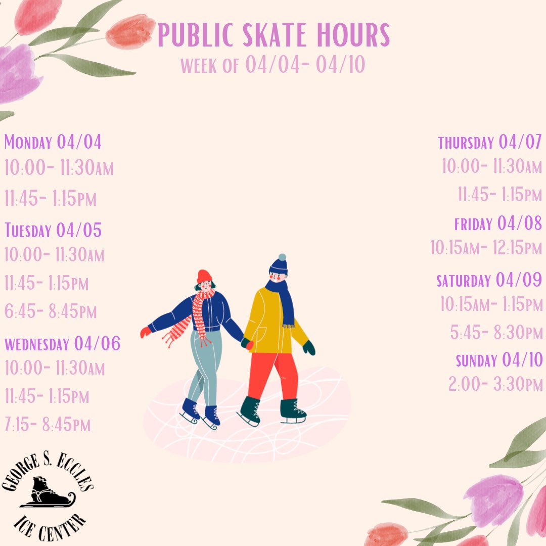 Here are our public skate hours for the week! Spend your spring break at the ice rink!