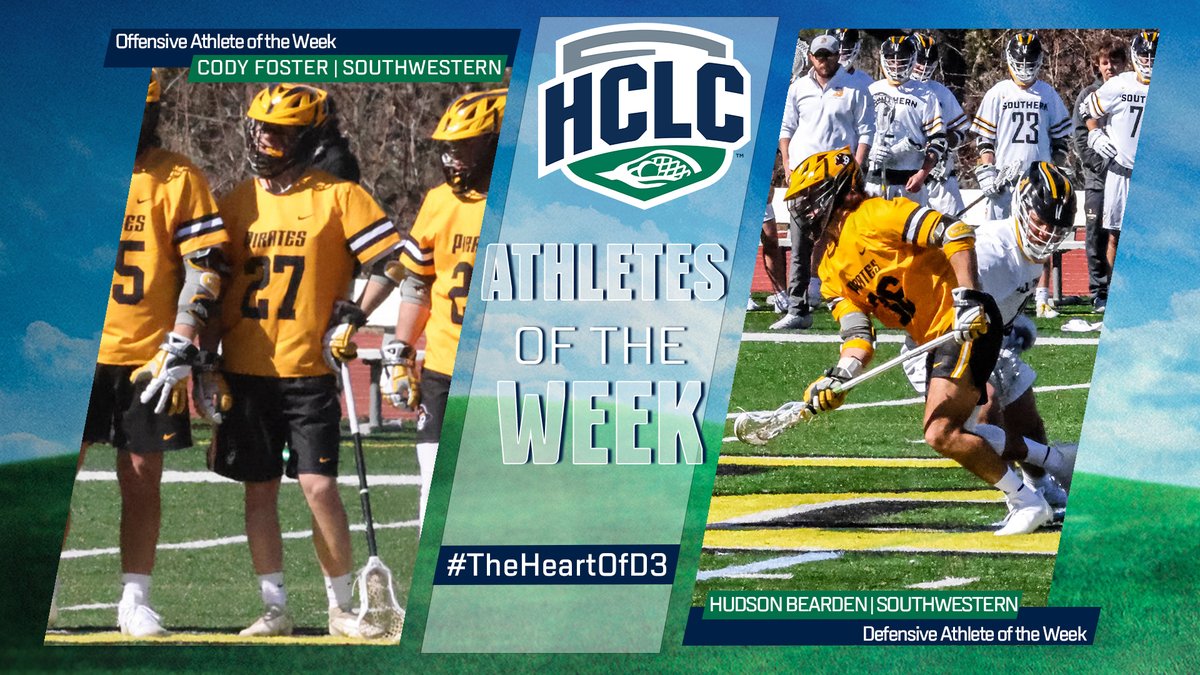 HCACDIII's tweet photo. HCLC Men's Lacrosse | Athlete of the Week

Congrats to the Men's Lacrosse Athletes of the Week:
Offensive: Cody Foster, @SUPirates
Defensive: Hudson Bearden, Southwestern

https://t.co/mfMBXNEuDz

#TheHeartOfD3 #D3Lax https://t.co/sGm1Jj1omc