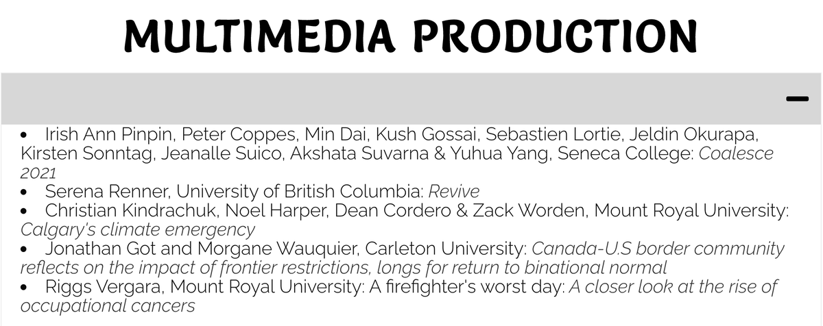 I am excited to share that the Calgary's Climate Emergency project has been nominated by <a href="/EmergeAwards/">Emerge Media Awards</a> for best multimedia production!

Thank you to the nominating committee and my incredible colleagues who worked to put this together, and congratulations to our fellow nominees.