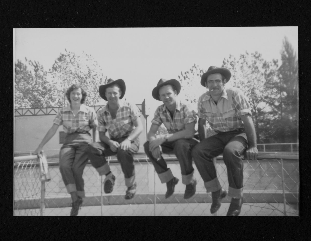 Amazing archive images from country music doc SLIM &amp; I.  Here's Joy McKean with Slim Dusty, Shorty Ranger and Gordon Parsons on tour in the 1950s. Stream SLIM &amp; I here: loom.ly/2pxs4c4
#countrymusic #musicdoc #slimdusty