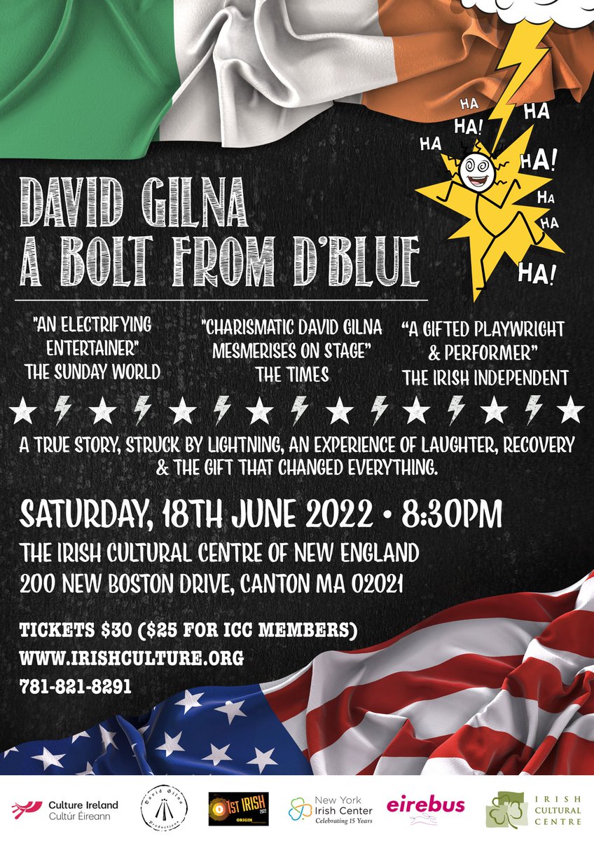 Delighted to announce I'll be performing at The Irish Cultural Centre of New England on Saturday June 18th 2022 with my show A Bolt From D'Blue. Tickets on Sale now ya talented souls. 

If you have any friends or family in Boston please spread the word. Thanks a Thousand.