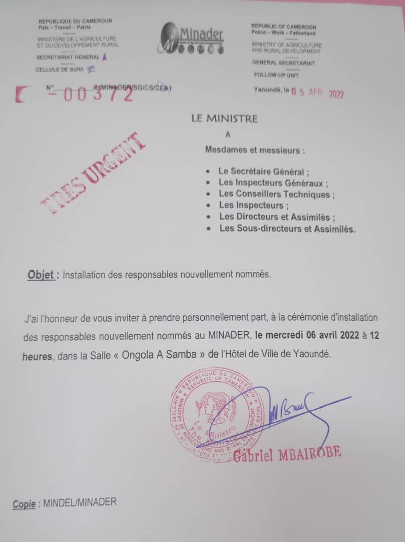 Invitation à l'installation des nouveaux responsables au MINADER