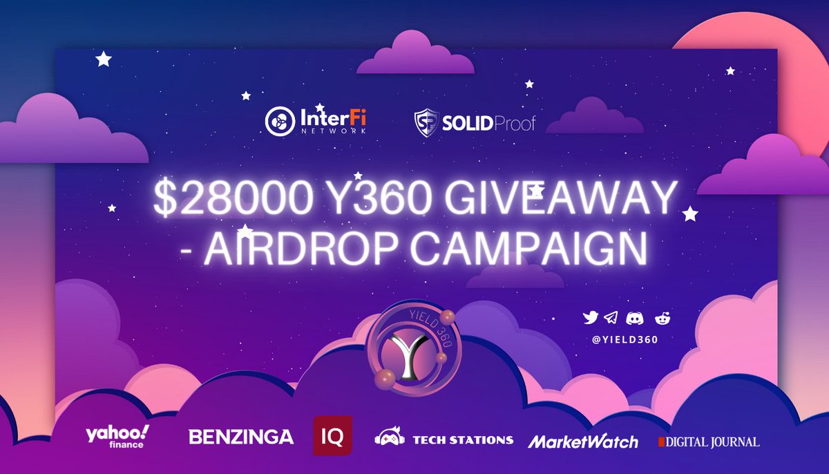 #Yield360 #airdrop is live now!

🎉Total for airdrop: $28,000 worth of Y360

👉Use our airdrop bot in Telegram: t.me/Yield360_bot

🗓 Airdrop End: 28th April
🗓Airdrop Distribution: 5th May <a href="/airdropinspect/">Airdrop Inspector</a>
