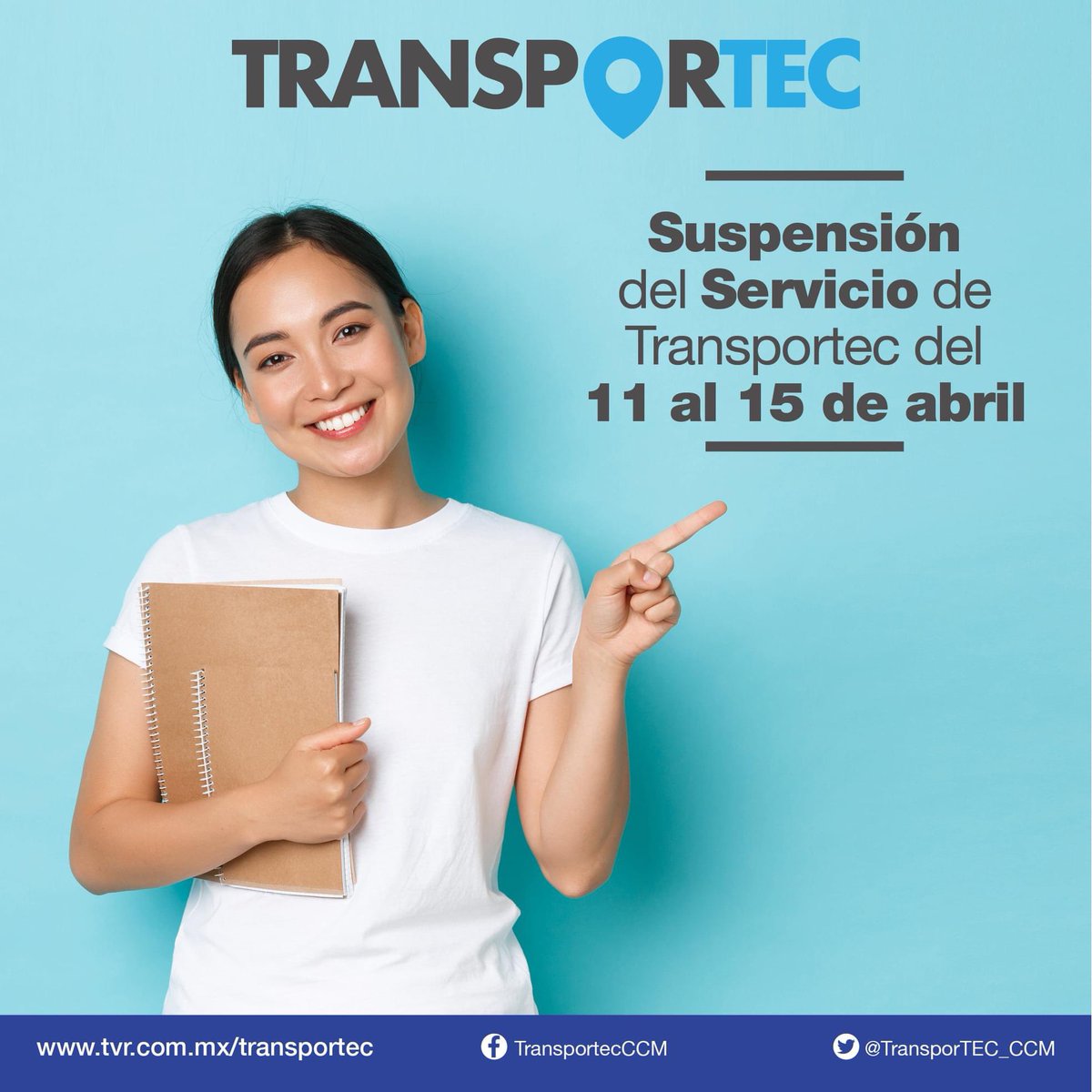 TransporTEC_CCM's tweet photo. Recuerda que del 11 al 15 de abril tendremos receso de primavera, así que disfruta tus vacaciones y nos vemos el 18 con las rutas y horarios que ya conoces.
#Transportec #TransportecCCM #Recesodeprimavera
#SemanaSanta2022 https://t.co/FDZslfSmaS