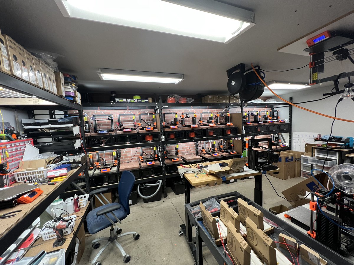 repkord's tweet photo. I'm often asked, "How do you deal with all the maintenance that comes 3D print farming?"

The secret- I walk into the print room daily and exclaim:

"EACH AND EVERY ONE OF YOU ARE REPLACEABLE! DON'T FORGET THAT!!"

Makes em all think twice.

...well, that and we use @Prusa3D https://t.co/dkiSRHpHDY