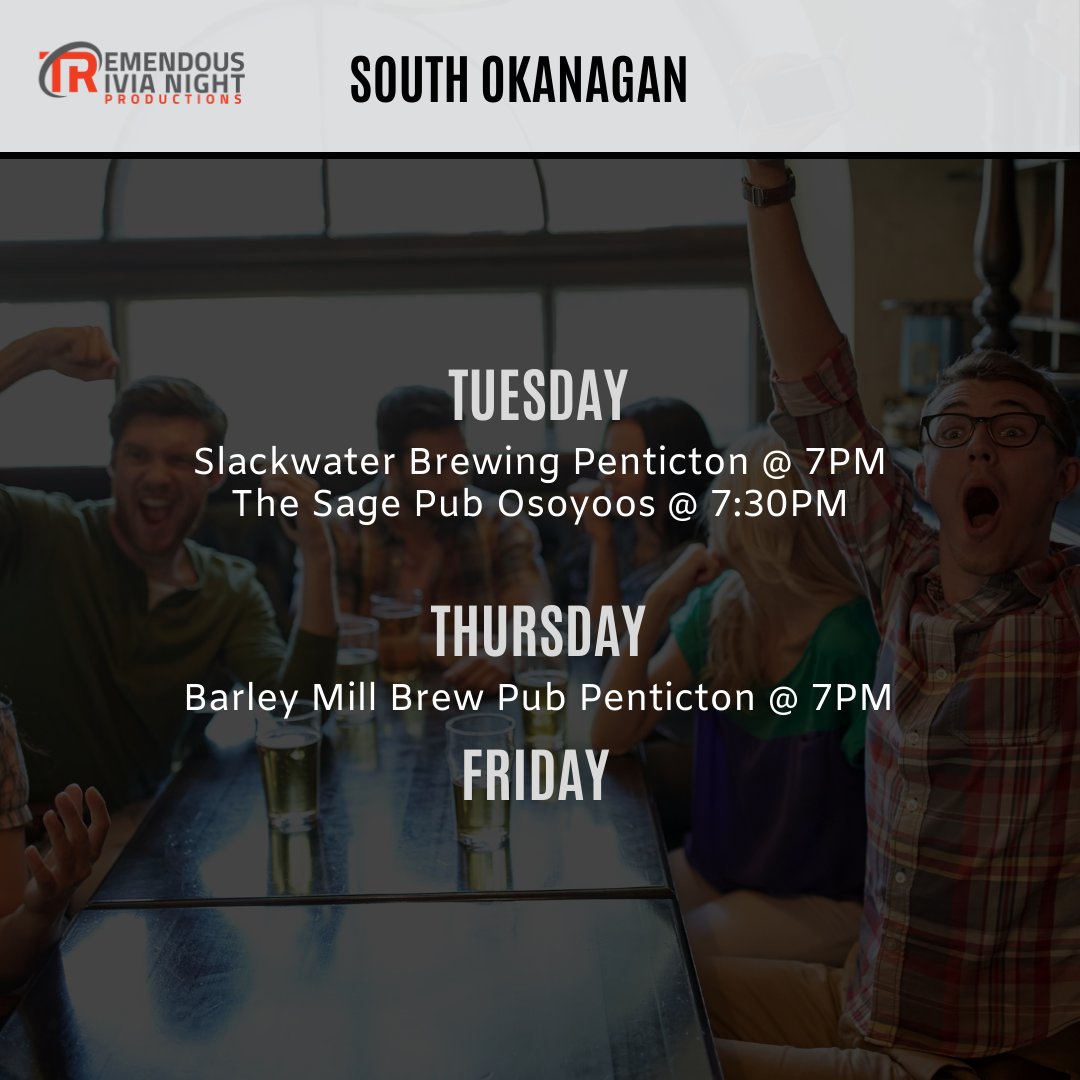 tremendoustriv's tweet photo. If you've never played Tremendous Trivia, this might be the week to get a group together! 
We're the largest and best trivia company in BC.  We hope you can join us at one of our 19 venues from #Kamloops to #Osoyoos and all areas in between!
 #triviaparty #trivianight #pubquiz https://t.co/jeTf1jtWDi