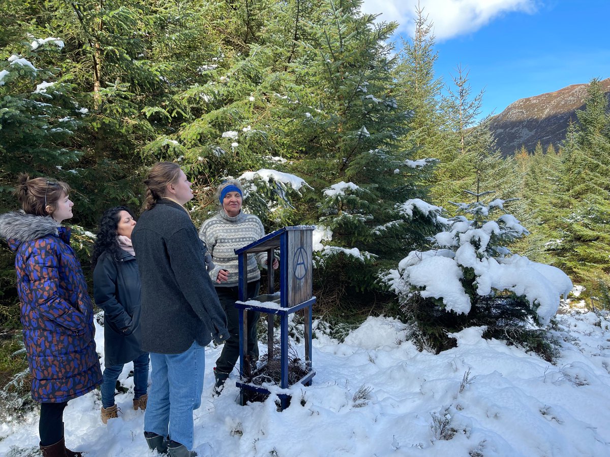 RektorYtre's tweet photo. Studentane mine og eg besøkte kunstar Marit Moltu og hennar "Talarstol i monokultur" ute i skogen. Etter tur greip vi tak i treverket, løfta haka, og ytra oss. #talarstol #tale https://t.co/jQHPVbcHcT