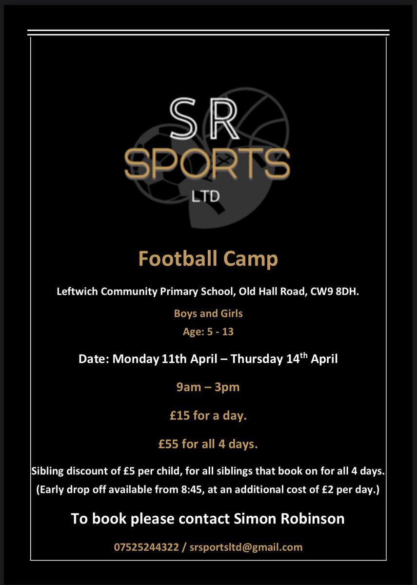 Less than a week until the start of our Easter football camp at <a href="/leftwichCPS/">Leftwich Primary</a> Drop us a message to book a place ⚽️⚽️⚽️
