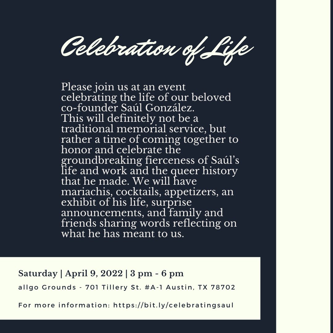 allgoqpoc's tweet photo. Join us on Sat. 4/9 from 3-6pm to celebrate the life of Saúl González. This will be a time of coming together to honor and celebrate the groundbreaking fierceness of Saúl’s life and work and the queer history that he made. For more info and to RSVP, check out link in bio. https://t.co/5MtMkPq4rW