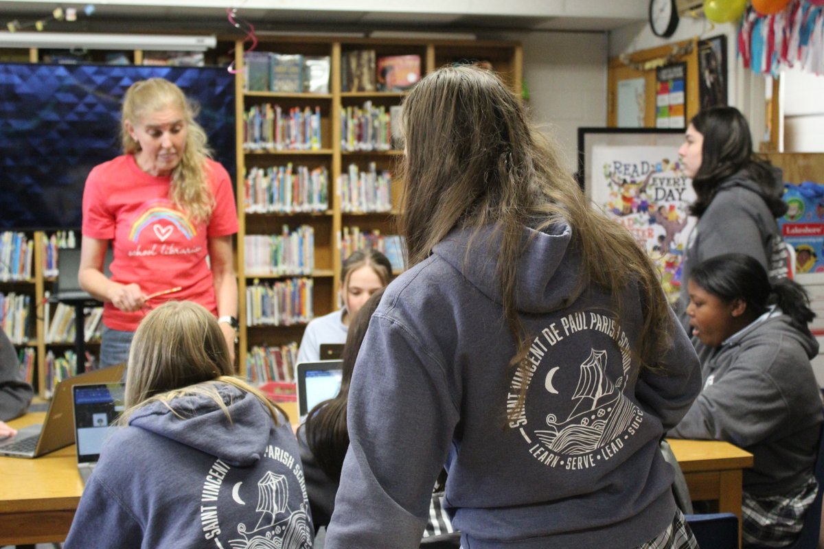 stvincentschool's tweet photo. St. Vincent 7th Grade students are checking out great books for #SVLibrary Week. Thank you Mrs. Zanarini for all you do to promote reading and education. You are amazing! https://t.co/j7afA0ErD8