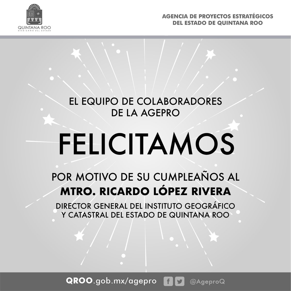 AgeproQ's tweet photo. Felicitamos con motivo de su cumpleaños al Mtro. Ricardo López Rivera, Director del @IGECEQRoo. ¡Muchas felicidades! https://t.co/D6ljIzXdk3