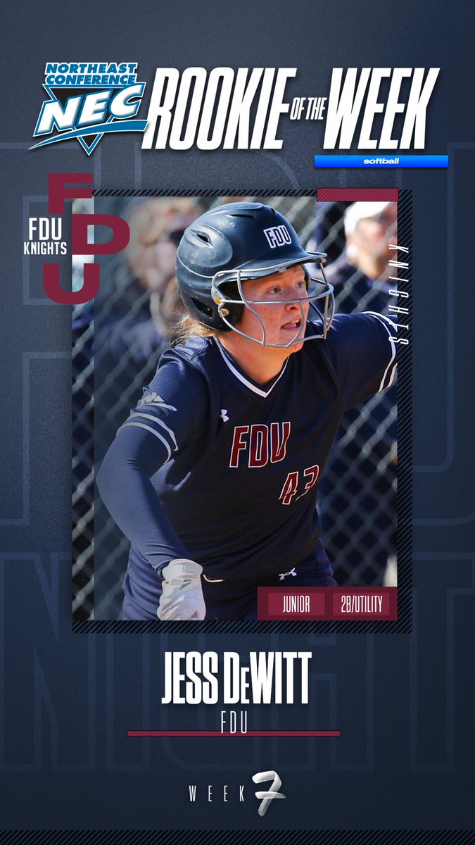 necsoftball's tweet photo. 🏅#NECsoftball Rookie of the Week 🏅

👉Jess DeWitt, @FDUKnights 
 
🗒️DeWitt went yard 4️⃣ times and compiled a 1.313 slg% &amp; .556 ob% in a 4-1 week for the Knights. She scored 8️⃣ runs and drove in 7️⃣ in that 🔥 stretch. DeWitt now has 🖐 NEC weekly honors this season. https://t.co/zJa1JcxYhf