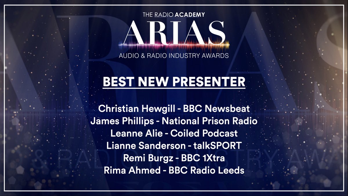 audioacademyuk's tweet photo. 🎙️Nominees for Best New Presenter
@ChrisHewgill - @BBCNewsbeat
James Phillips - @PrisonRadioUK
@leannealie - Coiled Podcast
@liannesanderson - @talkSPORT
@RemiBurgz - @1Xtra
@therimaahmed - @BBCLeeds
Congratulations to everyone nominated! https://t.co/fnmX5GpzJQ