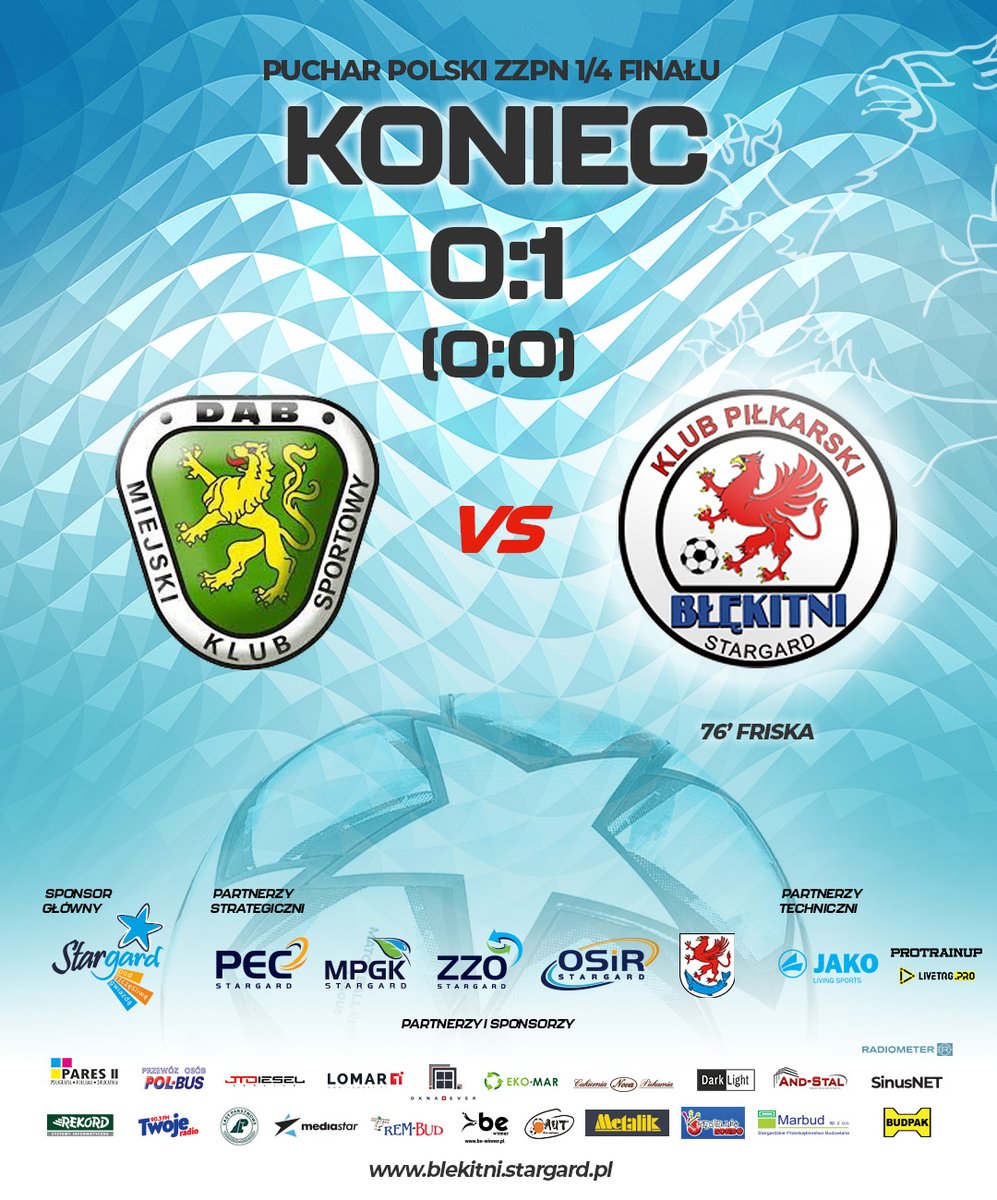 KPBlekitni's tweet photo. Koniec awans jest nasz! 
1/4 Finału Pucharu Polski 

Dąb Dębno - Błękitni Stargard 0:1

I  #Blekitni I #AkademiaBlekitni I #Stargard I #IIILiga I #PZPN I #ZZPN I #BłękitnaRodzina I #PucharPolski https://t.co/ebG1H6tyID