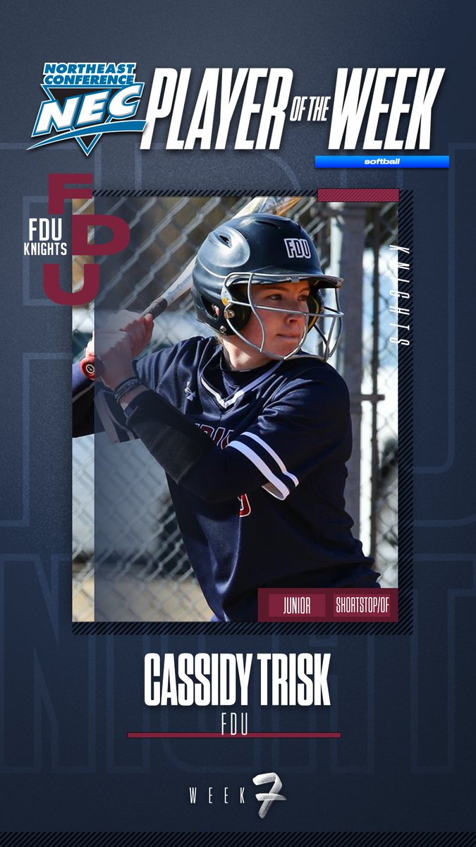 necsoftball's tweet photo. 🏅#NECsoftball Player of the Week 🏅

👉Cassidy Triska, @FDUKnights 
 
🗒️Triska's bat was on 🔥 last week. The sophomore was explosive, batting .615 with 6 of her 10 hits going for extras (4️⃣ HRs &amp; 2️⃣ doubles). Scoring 10 runs &amp; driving in 6, Triska went 4-for-4 in stolen bases. https://t.co/8FqO7ePYjS
