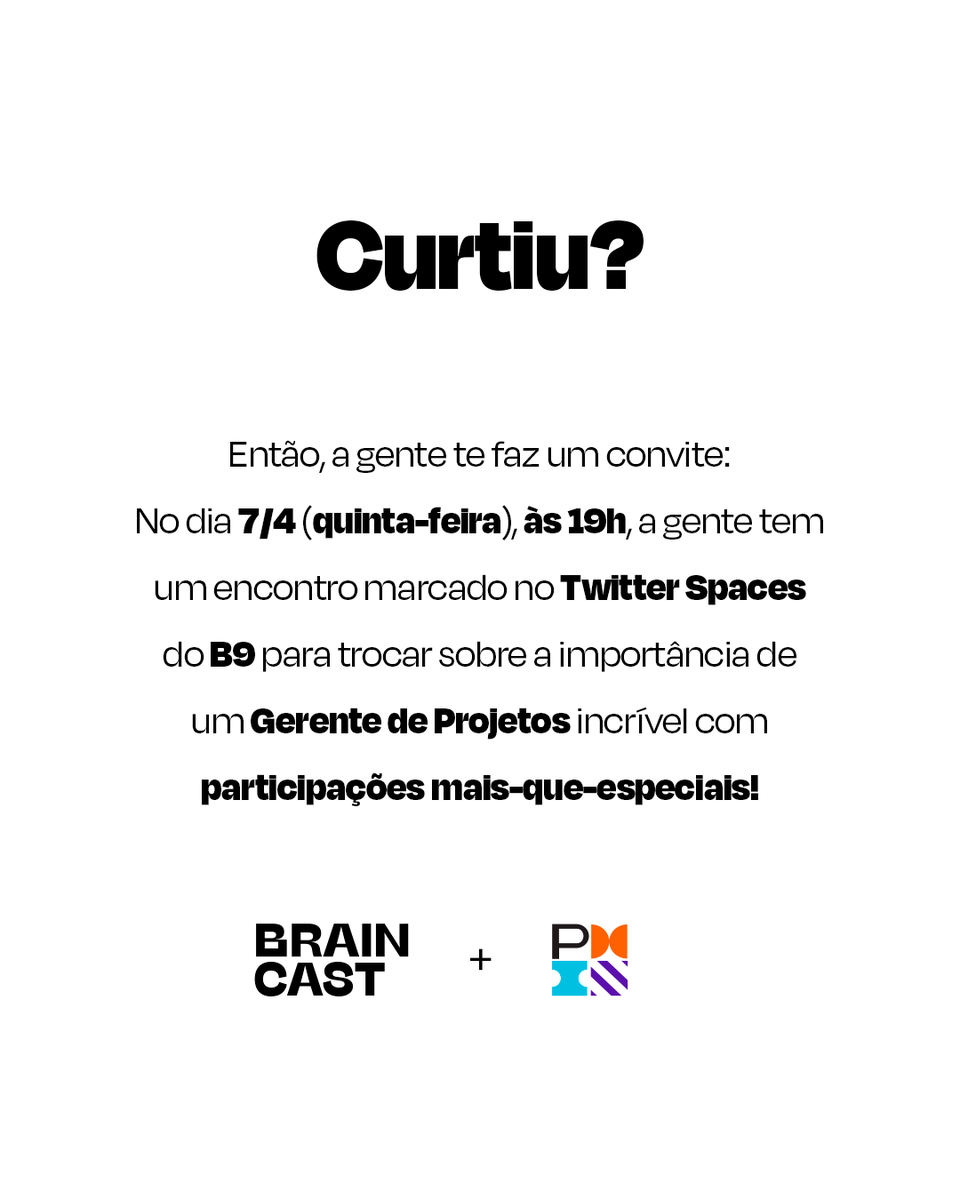 braincastpod's tweet photo. 📌 Profissão: Gerente de Projetos
⏰ Marque na agenda: o evento acontece no dia 7/4 (quinta-feira), às 19h, e vem com a gente!
🎙 Ah, e mande neste fio o que você gostaria de perguntar aos convidados!
_
#marketingdigital #lives #trabalhoremoto #futurodotrabalho #GP #PMIBrasil https://t.co/ksgGWhuvI4
