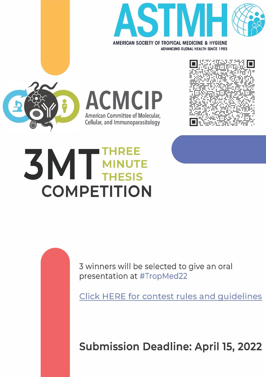 acmcip's tweet photo. Are you a graduate student studying parasitology? Do you want an opportunity to present your research at 
@ASTMH
 #TropMed22?? Then the 
@acmcip
 3-Minute Thesis competition is for you! Instructions:  https://t.co/eCM3gj7PhN Submission deadline: April 15, 2022 https://t.co/FTdM6eKF2M