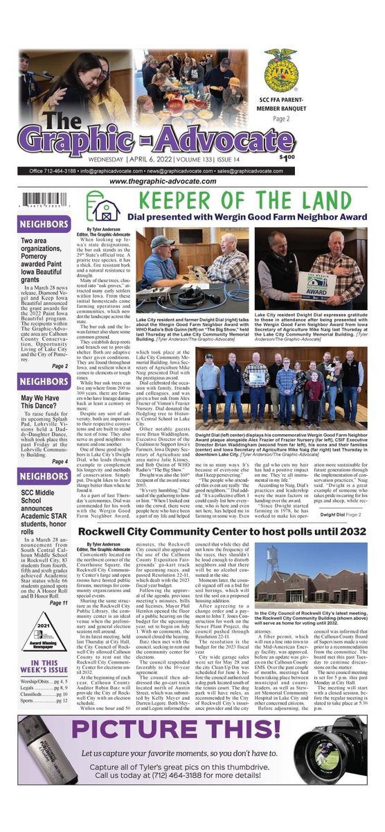 Here is this week’s front page preview!

Dwight Dial is honored with the Wergin Good Farm Neighbor Award, while the <a href="/SCCFFA1/">SCC FFA</a> celebrated its past year of success with the annual Parent-Member Banquet. Plus, local updates, <a href="/scc_titans/">SCC Titans</a> honor rolls, and much more.

#LocalJournalism