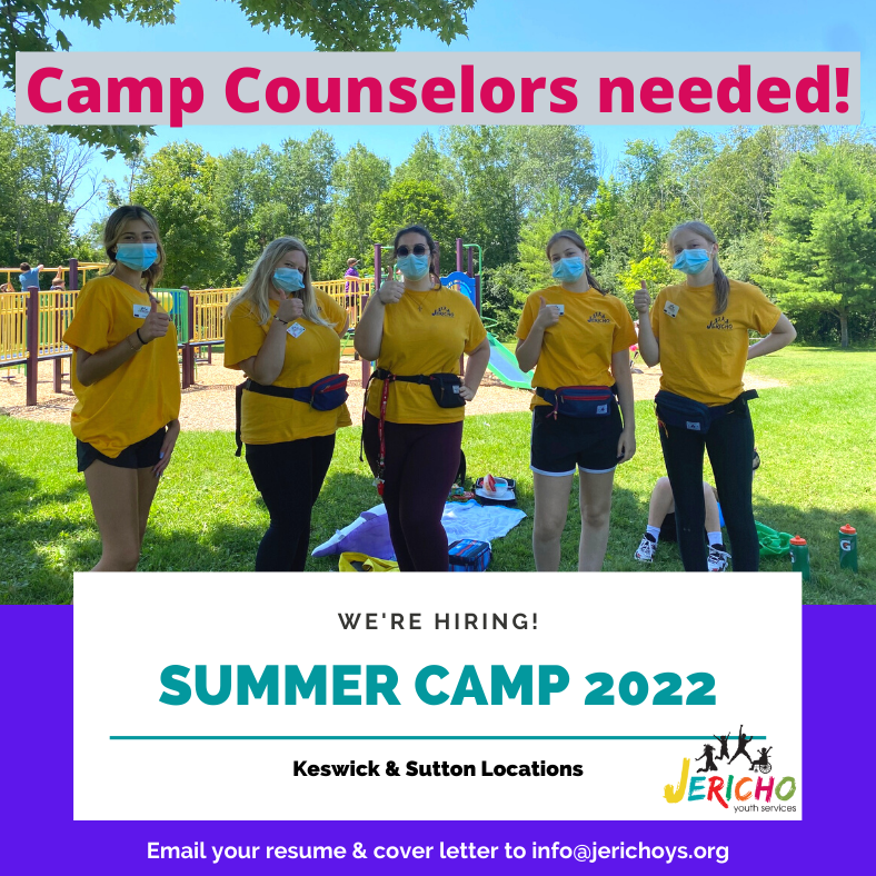 JerichoYouth's tweet photo. We are looking for Camp Counselors for our awesome summer camps in Keswick and Sutton.  Please send a cover letter and resume to info@jerichoys.org
#JerichoYouth #JerichoSummerCamp https://t.co/pbOGQbnYtP