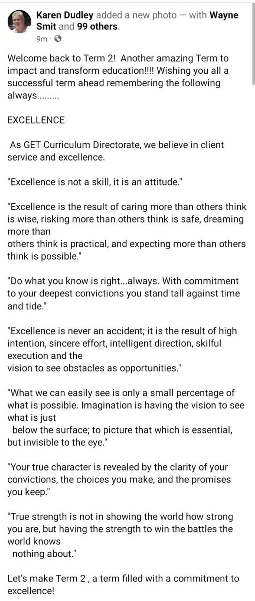 Excellence is not a skill, it's an attitude. Excellence is the result of caring more than others think is wise, risking more than others think is safe, dreaming more than others think is practical, expecting more than others think is possible.
<a href="/WCEDnews/">WCEDNews</a> <a href="/WesternCapeGov/">Western Cape Gov</a>