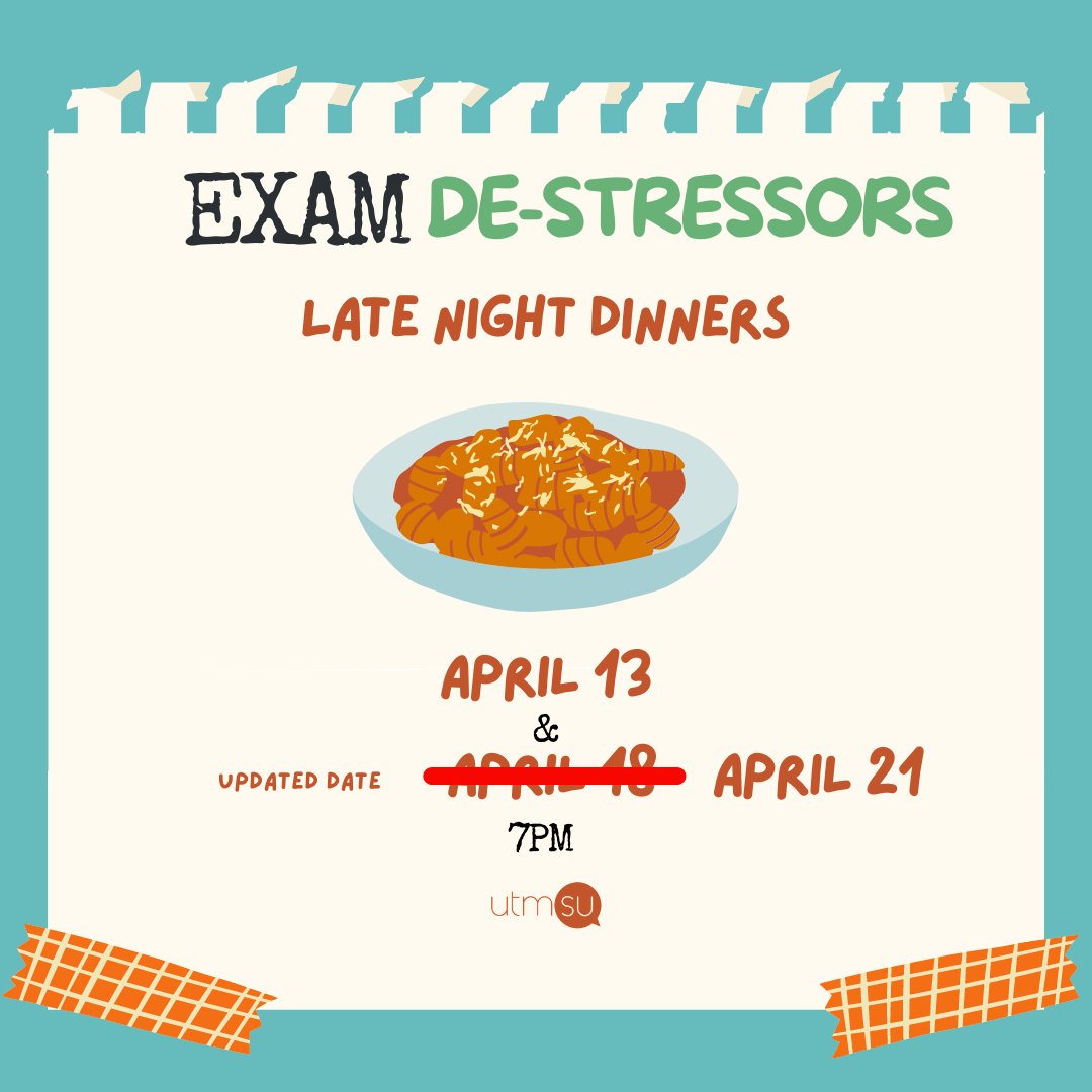 We have planned some exciting Exam Destressors! ✨

🐶 Take a Paws | April 8, 2021 from 1-3PM (In Person)

🧶Knit N Chill: Learn to Knit 101 | April 11 from  2-4PM (In Person)

🥘 Late Night Dinners | April 13 &amp; 21 -7PM - till quantities last! (In Person)