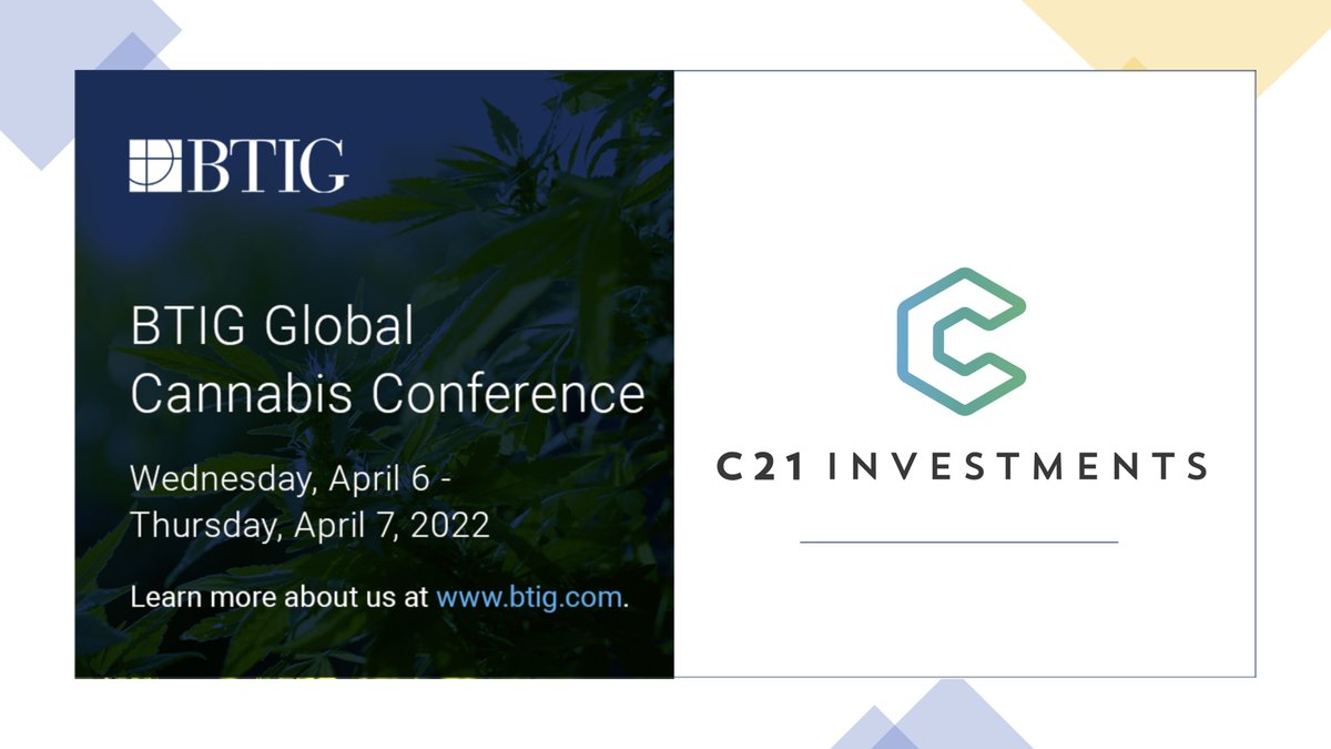 We are looking forward to participating in the BTIG Global Cannabis Conference this week! $CXXI $CXXIF

This conference is being produced by BTIG’s Corporate Access program which hosts client events across various industries. To join the conference, email info@btig.com.