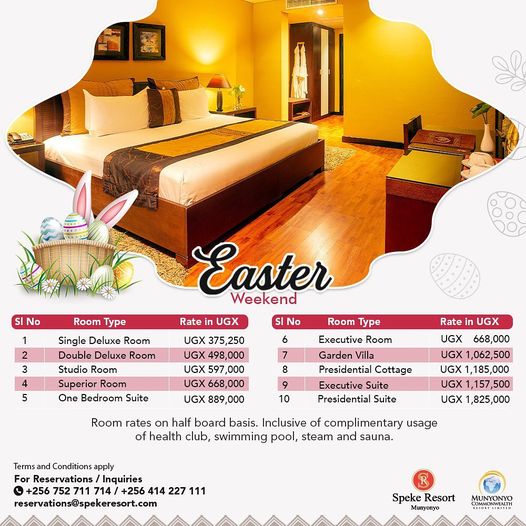 Uganda Online Media (@ugandaom) on Twitter photo Easter Bonanza! Speke Resort Munyonyo Slashes Accommodation Rates Ahead Of Easter Weekend ugandaonlinemedia.com/easter-bonanza…
<a href="/spekeresort/">Speke Resort Munyonyo</a> <a href="/MunyonyoResort/">Munyonyo Commonwealth Resort</a> #Easter2022 #EasterHolidays #news #Trending #VisitUganda #visitmunyonyo Easter Bonanza! Speke Resort Munyonyo Slashes Accommodation Rates Ahead Of Easter Weekend ugandaonlinemedia.com/easter-bonanza…
<a href="/spekeresort/">Speke Resort Munyonyo</a> <a href="/MunyonyoResort/">Munyonyo Commonwealth Resort</a> #Easter2022 #EasterHolidays #news #Trending #VisitUganda #visitmunyonyo