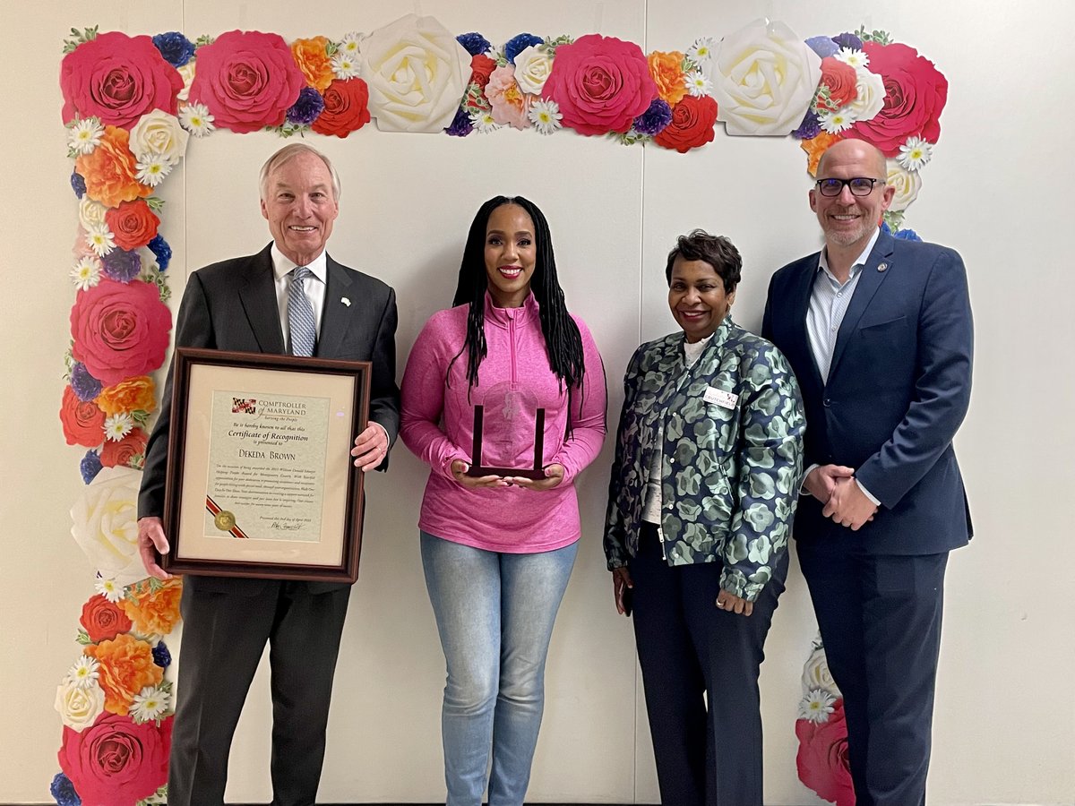 MDComptroller's tweet photo. Congratulations @DekedaB for receiving the 2021 William Donald Schaefer Helping People Award for Montgomery County! Comptroller Franchot honored Dekeda Brown in recognition for her work promoting acceptance and awareness for people with special needs. /1 https://t.co/wtRF2LXYEw
