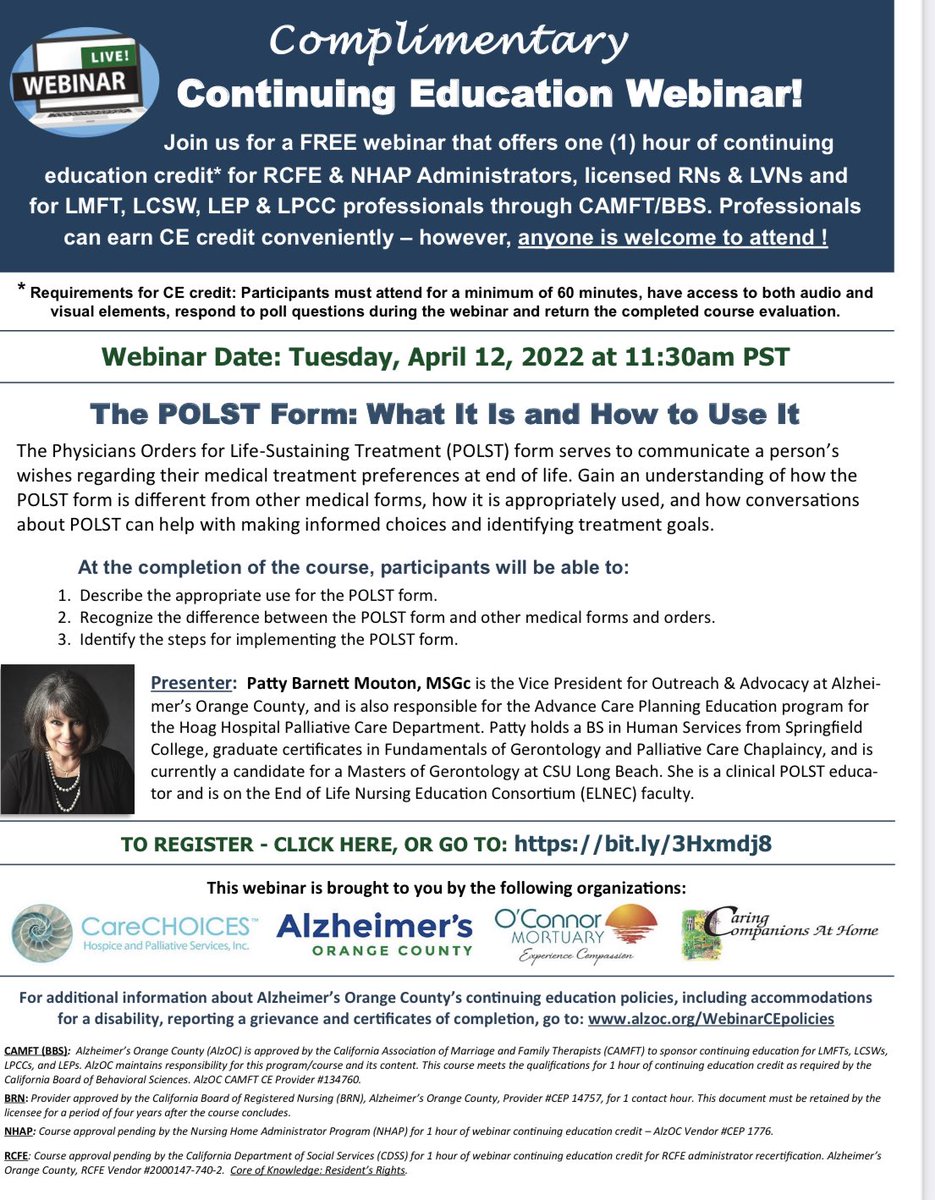 OCASC_OC's tweet photo. Need a refresher on appropriate use of the CA POLST? 
Join us for this free webinar with CEUs Brought to the community by Hoag Palliative Care &amp; Alzheimer’s Orange County, supported by Caring Companions at Home, CareCHOICES  &amp; O’Connor Mortuary. 
RSVP:
https://t.co/4mhqL07gGI https://t.co/29CFe16PBQ