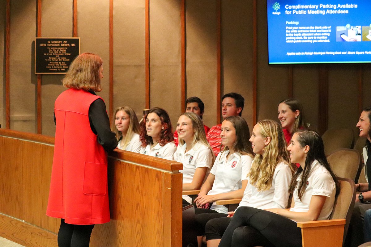 RaleighGov's tweet photo. City Council had special visitors at today’s meeting: the 2021 NCAA Women’s Cross Country national championship team from @NCState! A winner of six straight ACC titles, the Wolfpack handily defeated the NCAA runner up by 38 points: https://t.co/kZpXvI9eUz | #Raleigh #GoPack https://t.co/8CROFbaYgG
