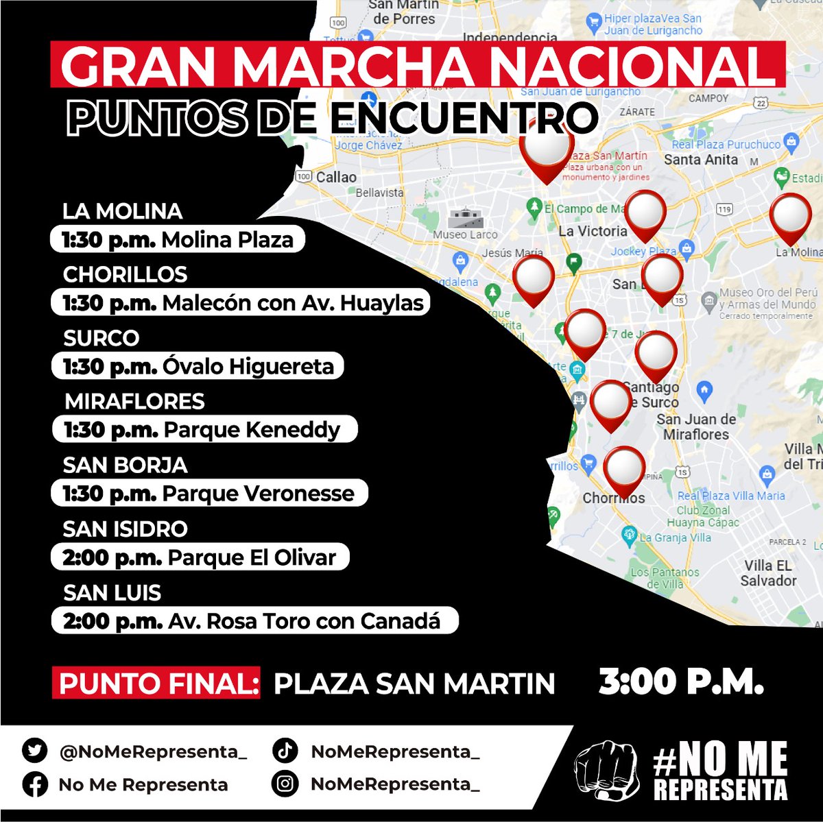 cesarcombina's tweet photo. 🇵🇪HOY MARCHAMOS TODOS 💪🏻 No vayas solo, acude al punto de encuentro mas cercano o el que hayas coordinando con tus familiares y amigos para ir todos juntos. Marcharemos camino a la Plaza San Martin para decirle al dictador que se largue https://t.co/RSwQhvOWPG