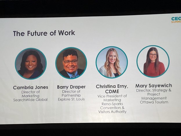 What is the future of work? During the <a href="/destintl/">Destinations International</a> CEO Summit, our Director of Marketing Cambria Jones presented key findings and moderated a panel discussion with fellow 30 under 30 honorees on SearchWide Global's 30 under 30 Alumni DMO Retention Survey. #CEOSummit #YoungLeaders