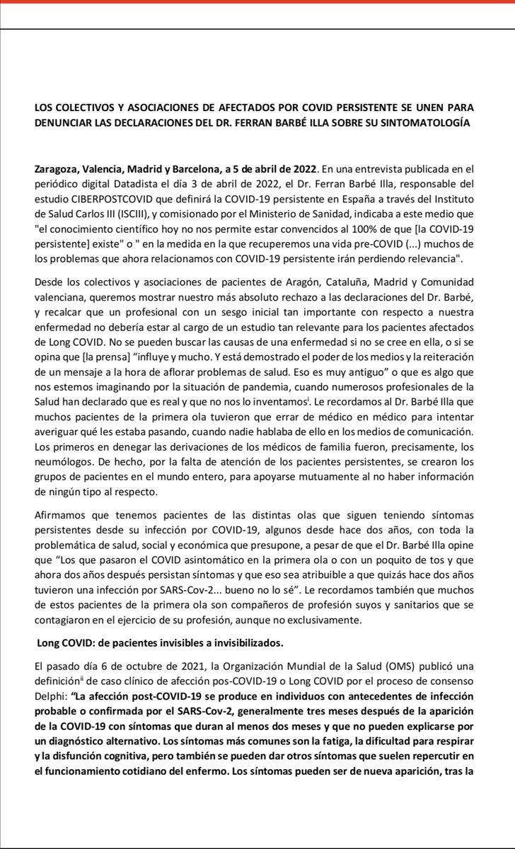 COVID19persist1's tweet photo. Desde los colectivos y asociaciones de pacientes afectados @longcovidaragon, @COVID19persist1, @covid_madrid y @Covid19Valencia, adjuntamos comunicado de denuncia ante las declaraciones del Dr. Ferran Barbé Illa https://t.co/0ekw1pWadR