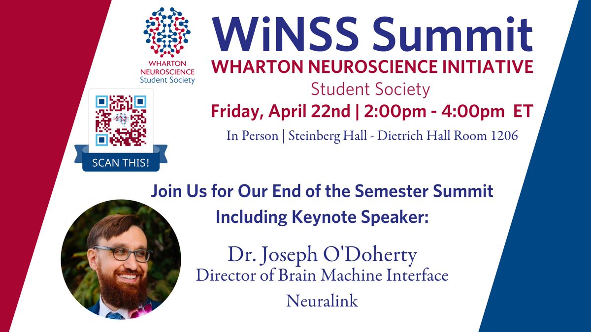 whartonbrain's tweet photo. What are you doing Fri 4/22 at 2pm? You're coming to #WiNSS Summit! We'll have Dr. Joseph O'Doherty from @neuralink as our #KeynoteSpeaker, workshopping opportunities & professional networking. Oh, T-Shirts & Food too! #WiNSSSummit #StudentSociety #WhartonBrain #Neuralink https://t.co/Xc1FdwsjVh