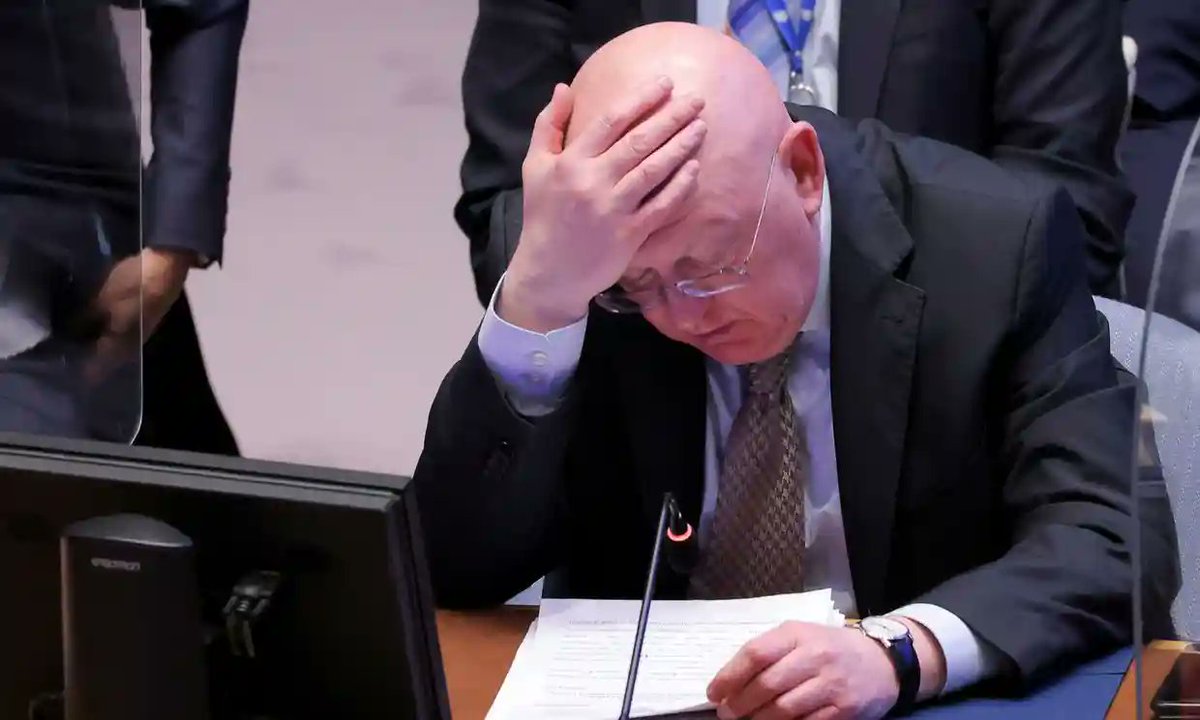 The Russian ambassador to the United Nations, Vassily Nebenzya, reacting during today's UN Security Council meeting on Ukraine. President @ZelenskyyUa spoke on #WarCrimes committed in #Bucha. How will China react? Photograph: Andrew Kelly/@Reuters #UkraineRussiaWar #warcrimes