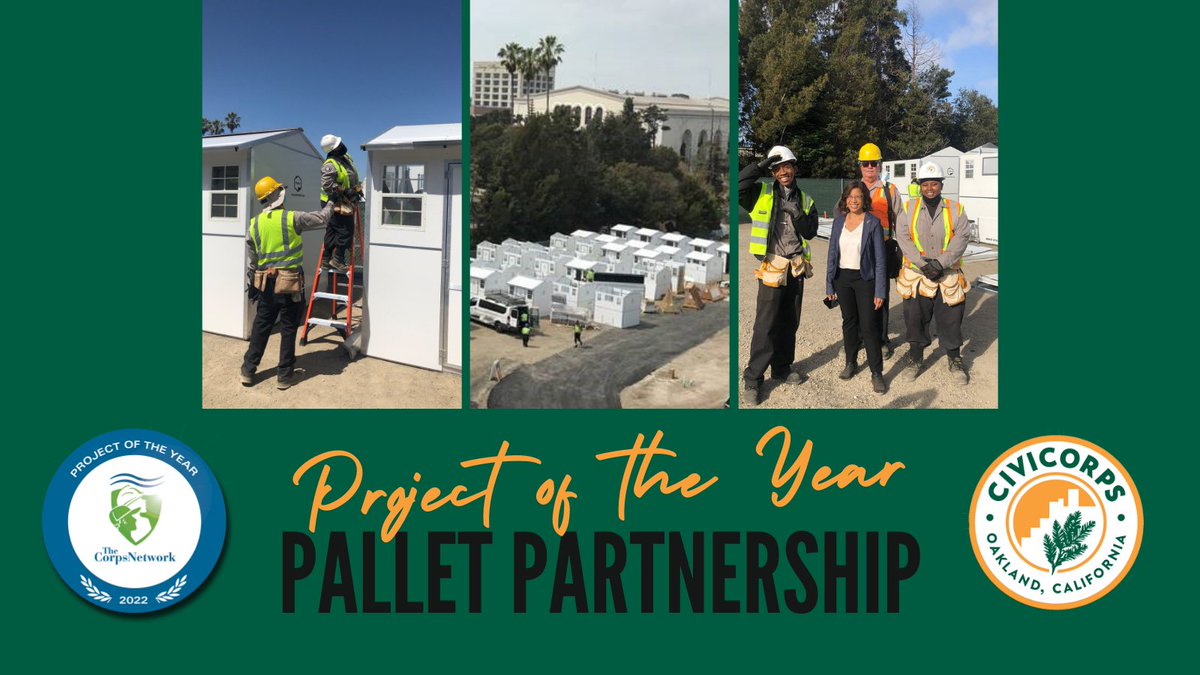 Civicorps's tweet photo. We are the Civilian Climate Corps! Proudly standing with @mysjcccs and @LACorps for winning the @TheCorpsNetwork’s 2022 Project of the Year award, in tackling homelessness in our communities, together with @PalletShelter! #LocalCorpsPride #CivilianClimateCorps #ProjectoftheYear https://t.co/EFvYaJzL3h