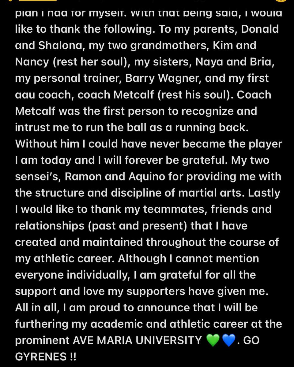Dchest_17's tweet photo. It has been a long process, but after much consideration, my recruitment is officially closed. I am 110% committed to Ave Maria University 💚💙. Go Gyrenes!! #AGTG @JoePattersonAMU @CoachColligan @RBsNation_RBN https://t.co/UJUsb2c11S