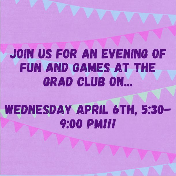 physpharm_grads's tweet photo. Join us TOMORROW (Wed. April 6th) for food, fun, and games at the grad club from 5:30-9:00 PM!!! https://t.co/9n4URpy5Tm